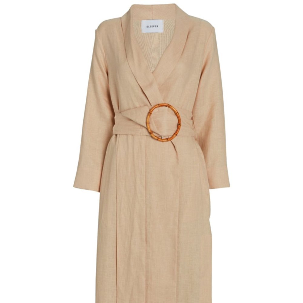 SLEEPER Belted Linen Robe Dress in Beige